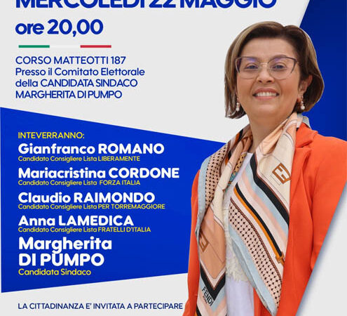 Pubblico comizio del centrodestra per Margherita Di Pumpo sindaco il 22 maggio 2024 a partire dalle ore 20 Su Corso Matteotti 187