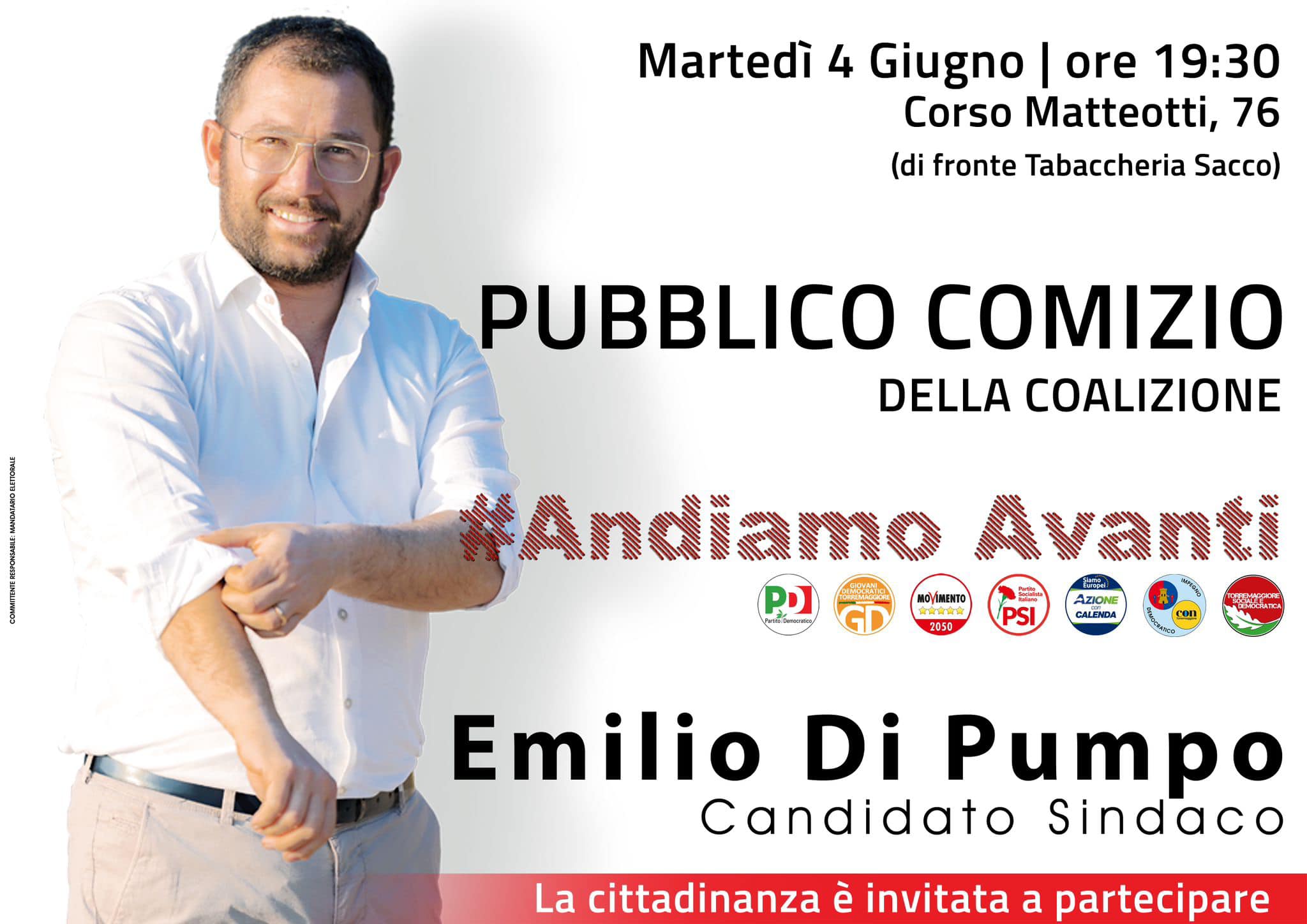 Pubblico comizio della coalizione di centrosinistra a supporto del candidato sindaco Emilio Di Pumpo il 4 giugno alle ore 19.30 su Corso Matteotti 76