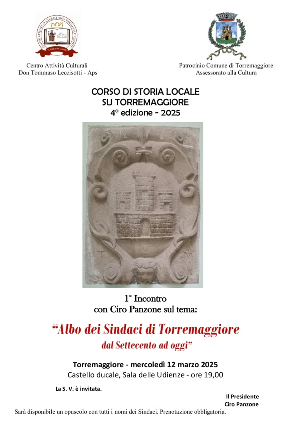 IL 12 MARZO 2025 ALLE ORE 19 AL CASTELLO DUCALE DE SANGRO APPUNTAMENTO CON IL CORSO DI STORIA LOCALE SUL TEMA – ALBO DEI SINDACI DI TORREMAGGIORE DAL SETTECENTO AD OGGI